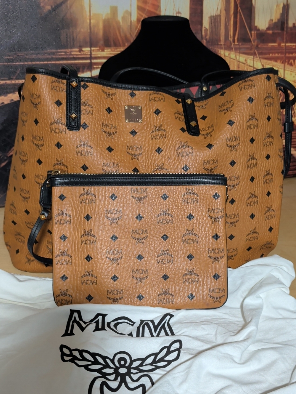 MCM Cognac Visetos Logo Shopper Tote with Pouch